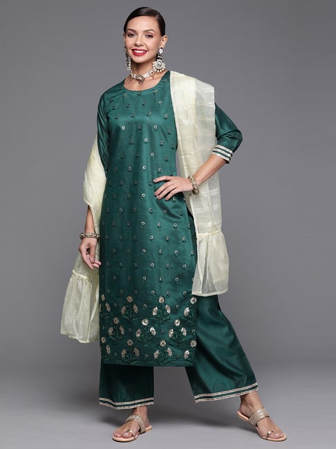 Indo Era Teal Green Pure Cotton Embellished Kurta Palazzo Set With Dupatta Price in India