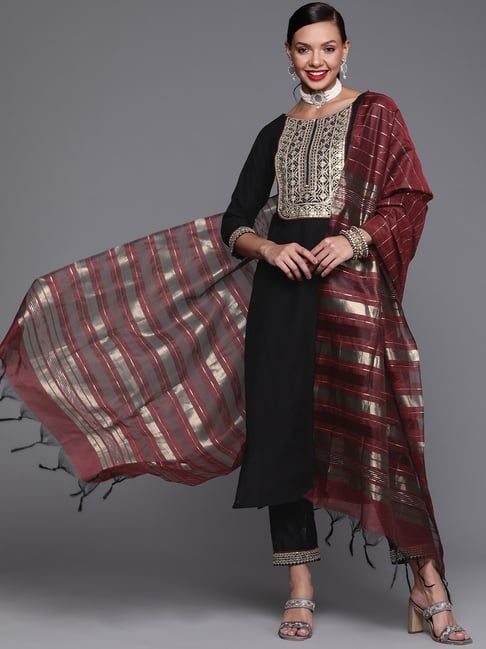 Indo Era Black Embroidered Kurta Pant Set With Dupatta Price in India