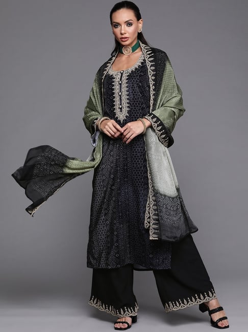 Indo Era Black Embroidered Kurta Palazzo Set With Dupatta