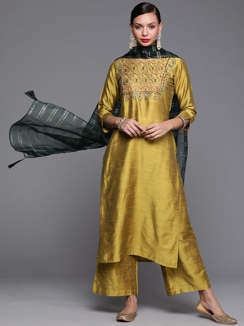 Indo Era Olive Green Embellished Kurta Palazzo Set With Dupatta Price in India