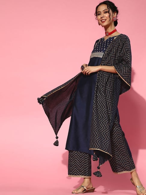 Indo Era Navy Embroidered Kurta Palazzo Set With Dupatta Price in India