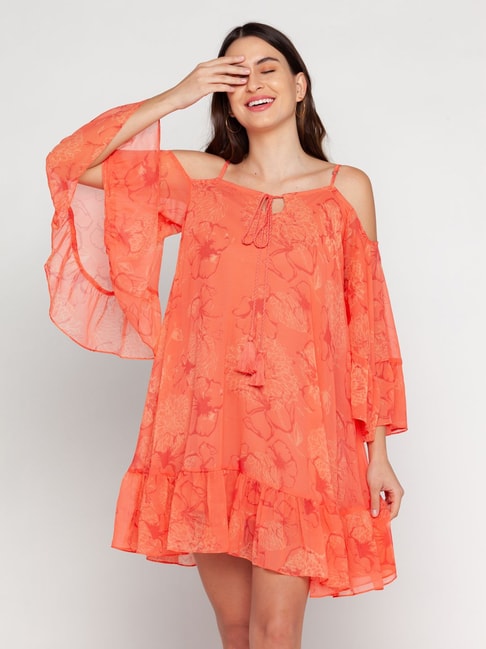 Zink London Peach Floral Print Dress Price in India