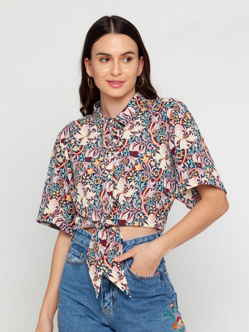 Zink London Multicolored Floral Print Crop Shirt Price in India