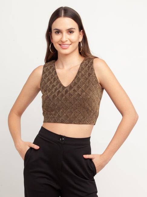 Zink London Brown & Black Self Design Crop Top Price in India