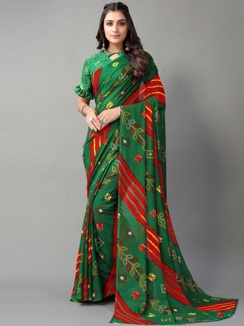 Satrani Green Bandhani Print Saree With Unstitched Blouse Price in India