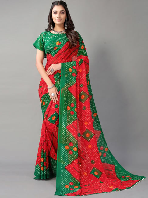 Satrani Red & Green Bandhani Print Saree With Unstitched Blouse Price in India