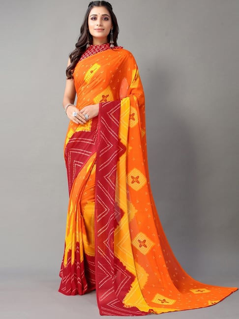 Satrani Orange Bandhani Print Saree With Unstitched Blouse Price in India