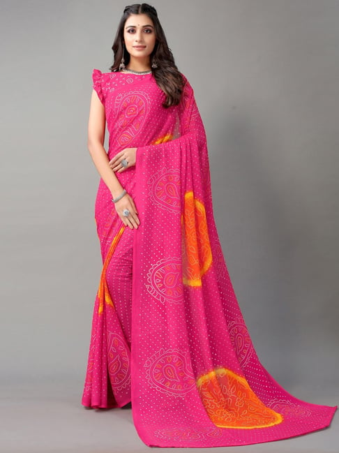 Satrani Pink Bandhani Print Saree With Unstitched Blouse Price in India
