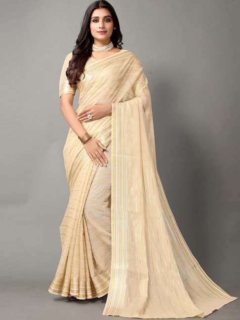 Satrani Beige Striped Saree With Unstitched Blouse Price in India