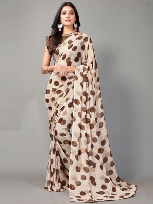 Satrani Brown Polka Dots Saree With Unstitched Blouse Price in India