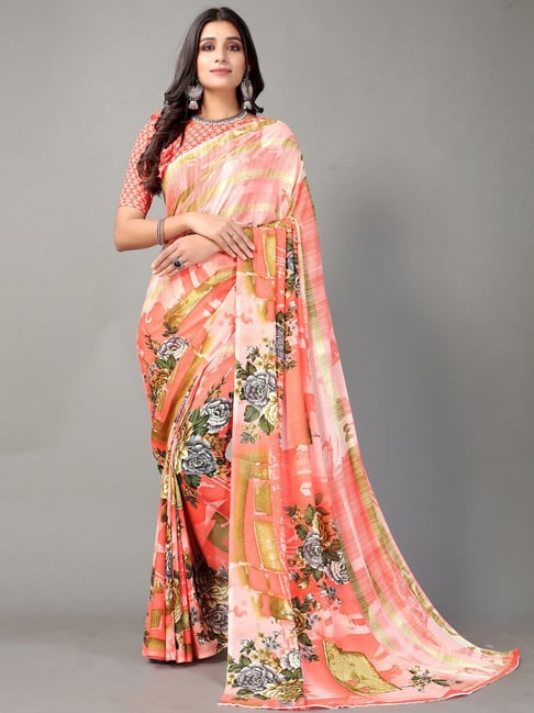 Satrani Peach Floral Print Saree With Unstitched Blouse Price in India