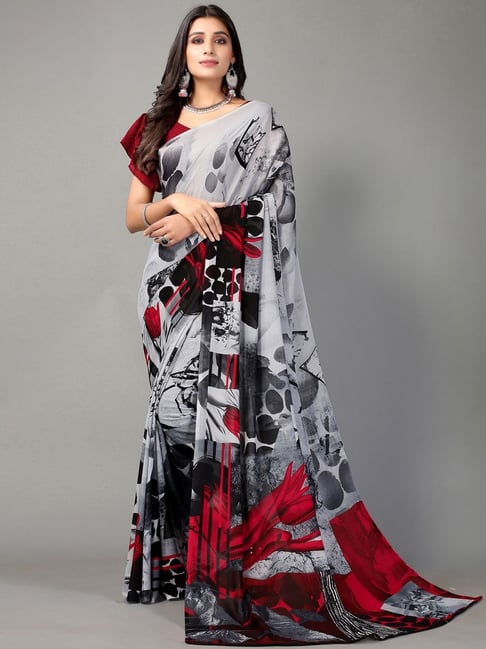 Satrani Grey Printed Saree With Unstitched Blouse Price in India