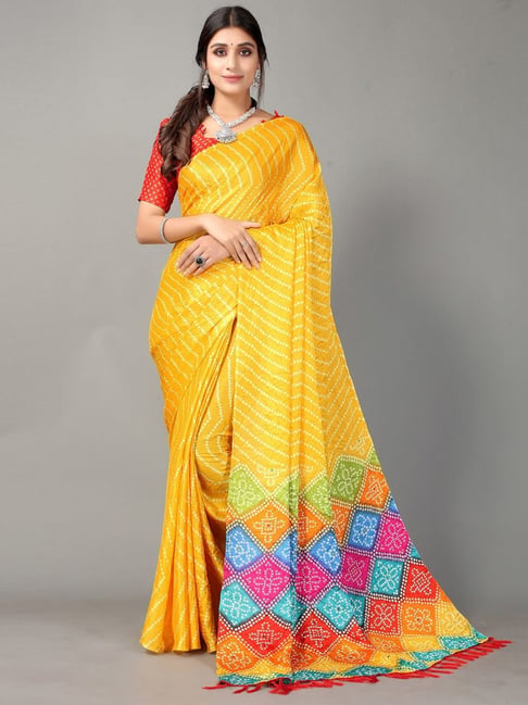 Satrani Yellow Silk Bandhani Print Saree With Unstitched Blouse Price in India