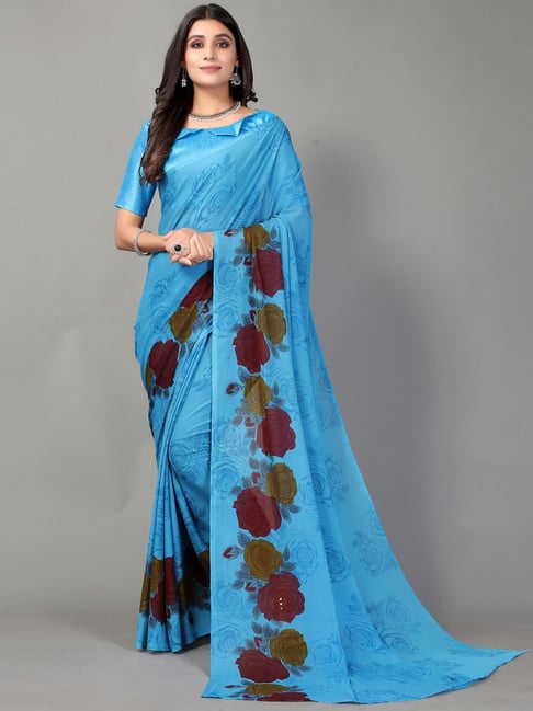 Satrani Blue Floral Print Saree With Unstitched Blouse Price in India