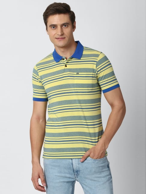 Peter England Yellow Regular Fit Striped Polo T -Shirt