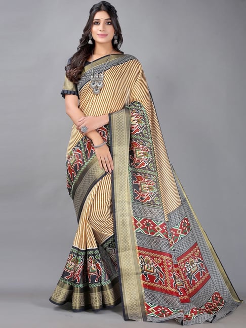 Satrani Beige & Grey Printed Saree With Unstitched Blouse Price in India