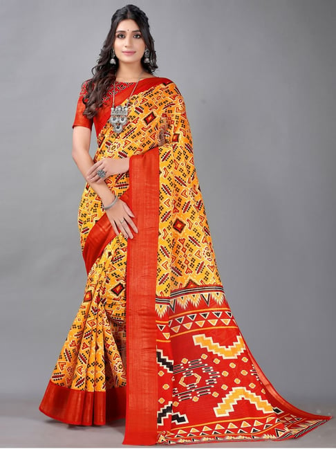 Satrani Yellow & Red Geometric Print Saree With Unstitched Blouse Price in India