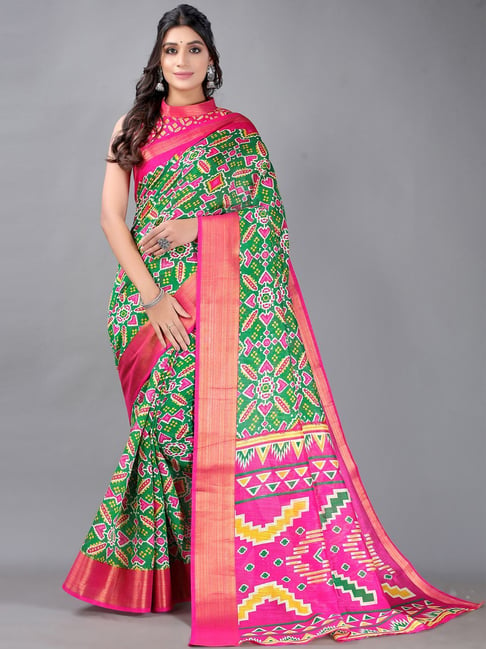 Satrani Green & Pink Geometric Print Saree With Unstitched Blouse Price in India