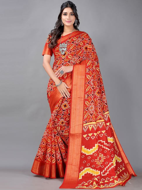 Satrani Red Geometric Print Saree With Unstitched Blouse Price in India