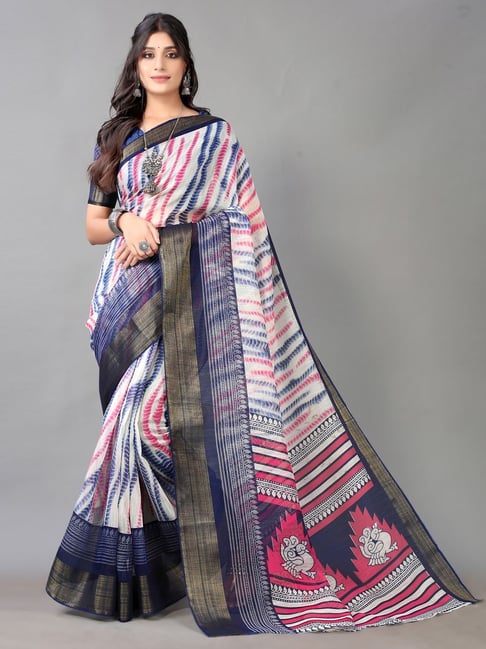 Satrani Blue & White Printed Saree With Unstitched Blouse Price in India