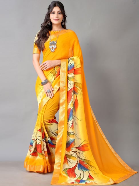 Satrani Mustard Floral Print Saree With Unstitched Blouse Price in India