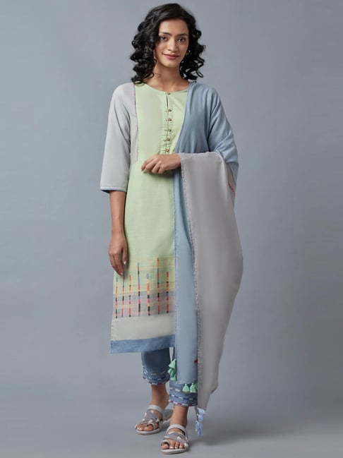 Multicolour Straight Cotton Blend Kurti Pant Dupatta Set for Women