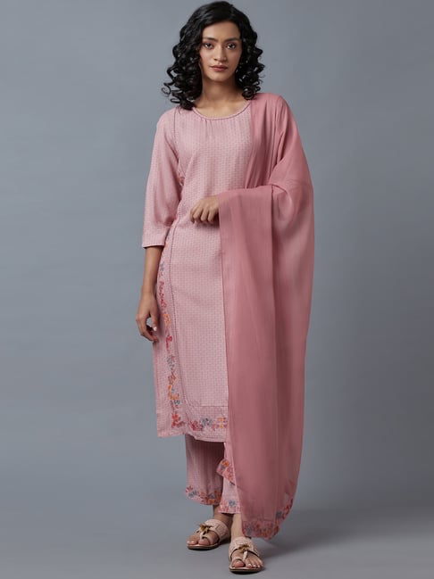 W Pink Embroidered Kurta Pant Set With Dupatta Price in India