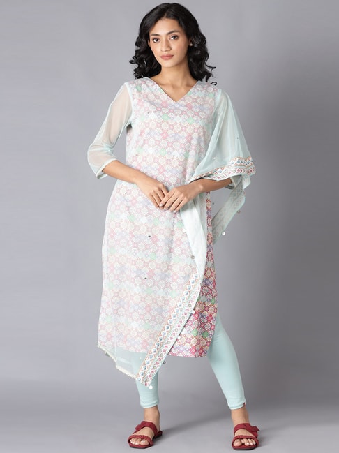 W Pink & Sea Green Printed Kurta Pant Set Price in India