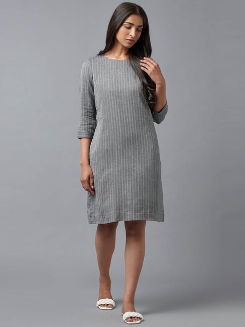 W Grey Cotton Striped A-Line Dress Price in India