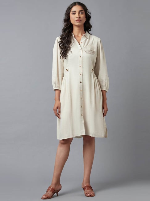 W Beige Embroidered A-Line Dress Price in India