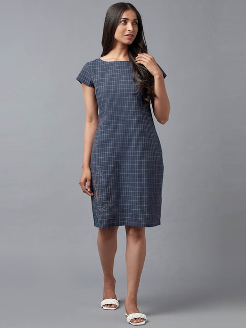 W Blue Cotton Chequered A-Line Dress Price in India