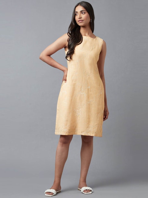 W Orange Cotton Embroidered A-Line Dress Price in India