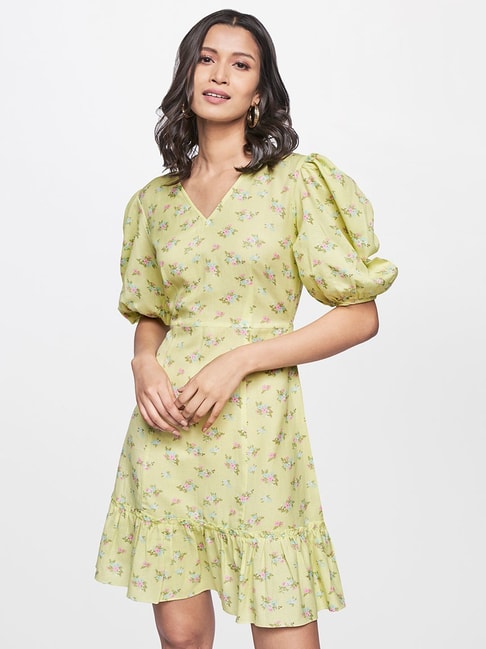 AND Lime Green Floral Print Dress Price in India