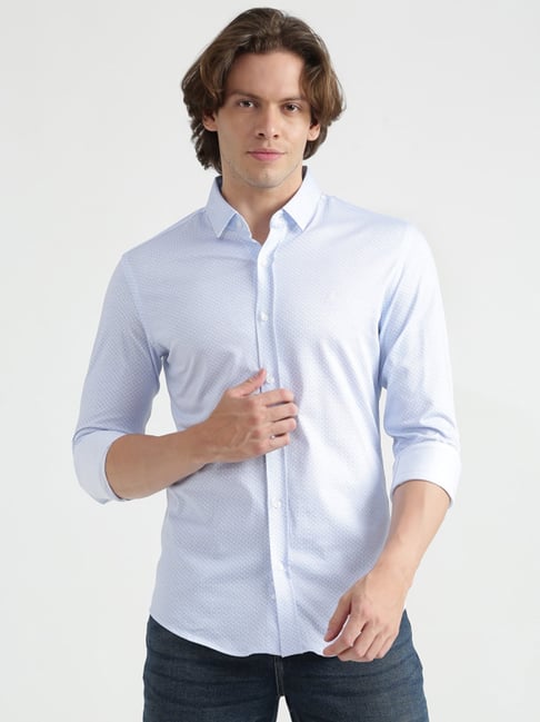 United Colors Of Benetton Blue Cotton Slim Fit Self Pattern Shirt