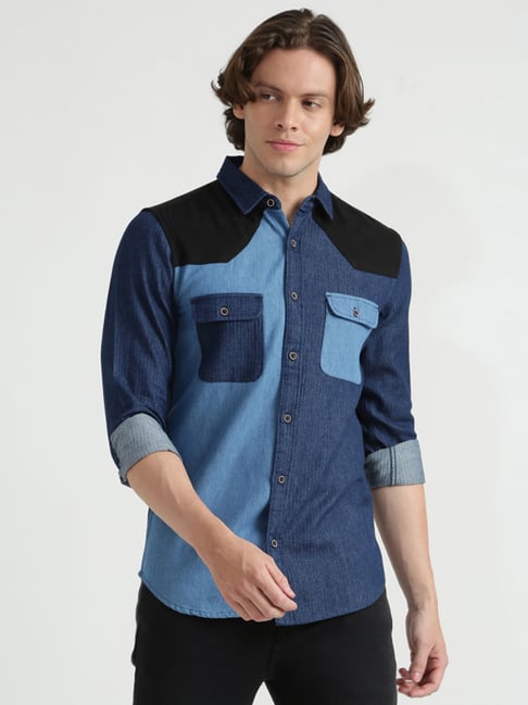 United Colors Of Benetton Blue Cotton Slim Fit Self Pattern Shirt