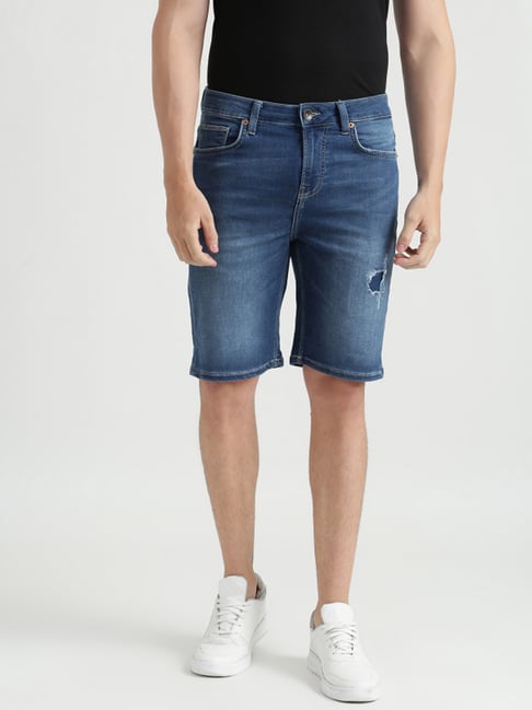 United Colors Of Benetton Blue Slim Fit Self Pattern Shorts