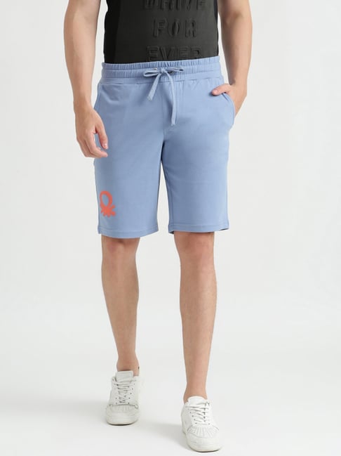 United Colors Of Benetton Blue Cotton Slim Fit Printed Shorts