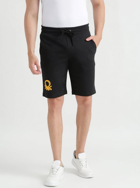 United Colors Of Benetton Black Cotton Slim Fit Printed Shorts