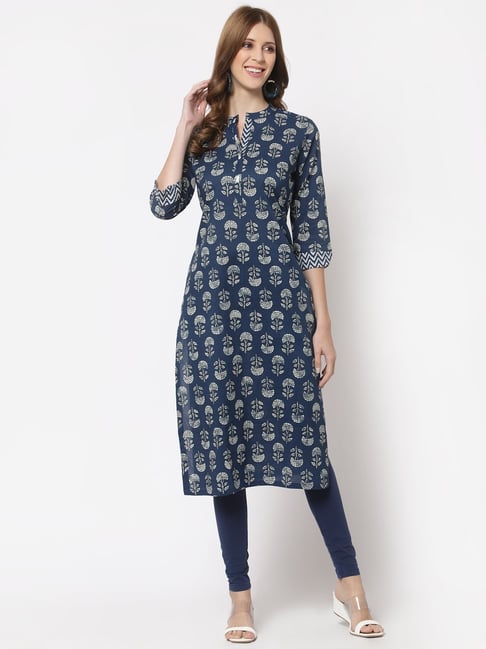 Kami Kubi Navy Cotton Floral Print Straight Kurta Price in India