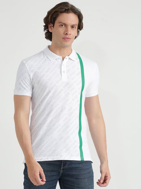 United Colors Of Benetton White Cotton Regular Fit Printed Polo T-Shirt