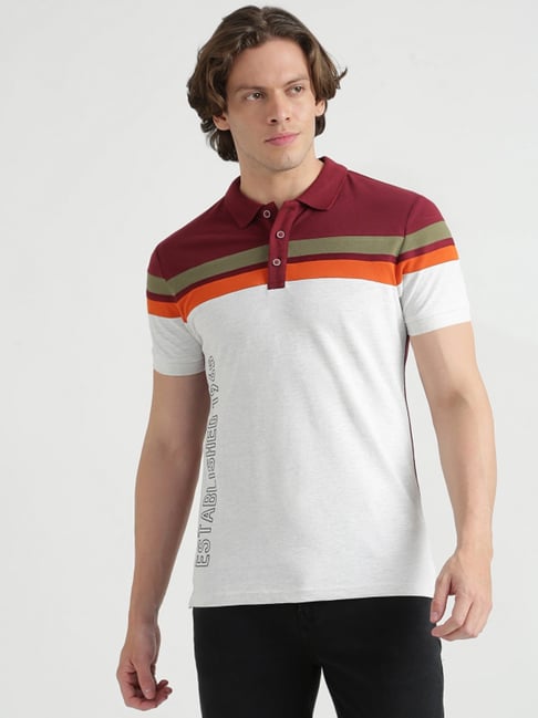 United Colors Of Benetton Off White Cotton Regular Fit Striped Polo T-Shirt