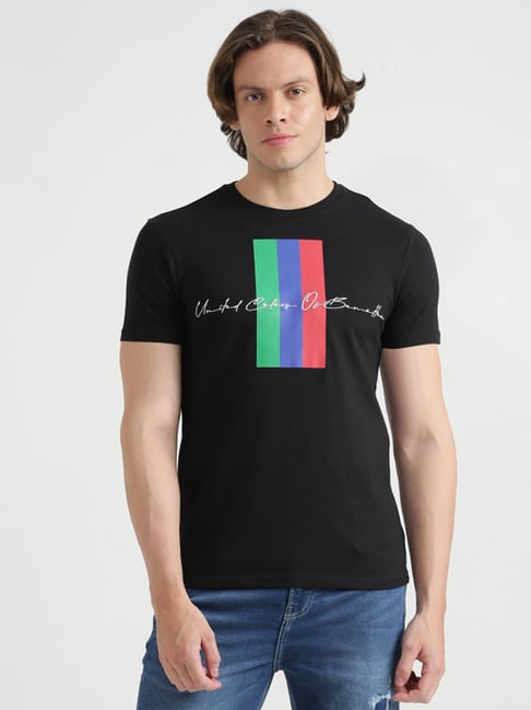 United Colors Of Benetton Black Cotton Regular Fit Printed T-Shirt