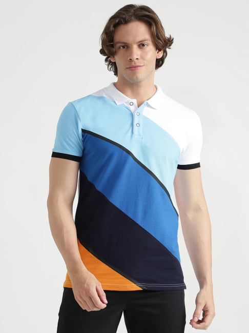 United Colors Of Benetton Blue Cotton Regular Fit Colour Block Polo T-Shirt