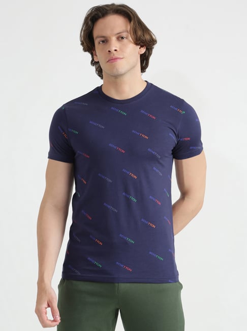 United Colors Of Benetton Navy Cotton Regular Fit Printed T-Shirt