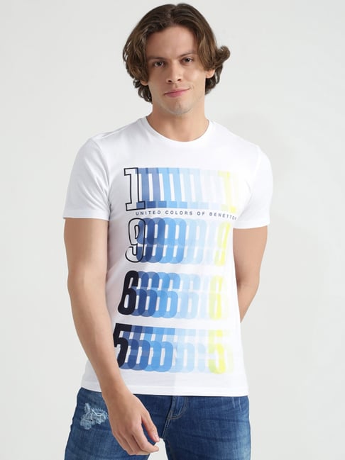 United Colors Of Benetton White Cotton Regular Fit Printed T-Shirt