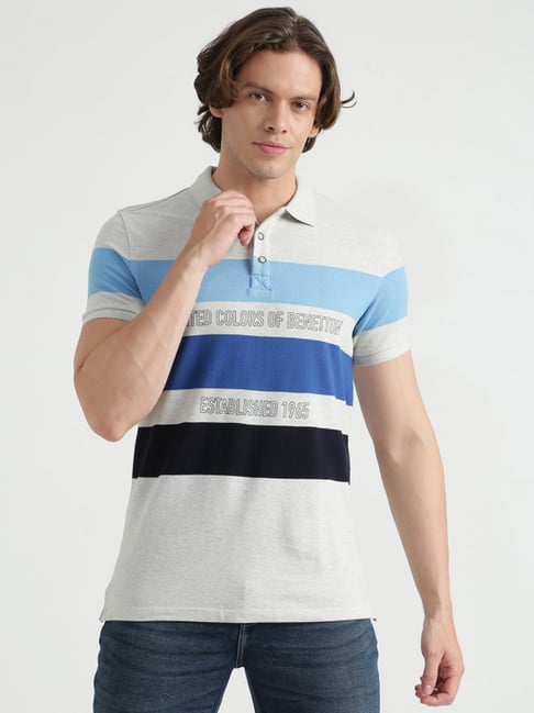 United Colors Of Benetton Grey Cotton Regular Fit Striped Polo T-Shirt