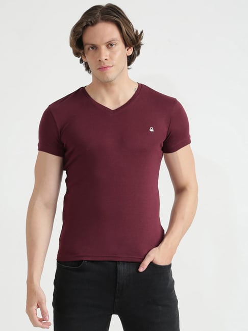 United Colors Of Benetton Maroon Cotton Regular Fit T-Shirt