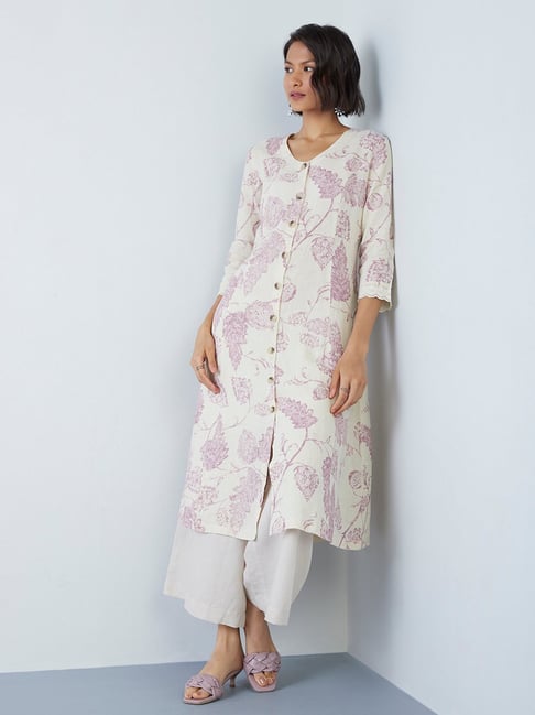 Zuba by Westside Mauve and Ecru Floral-Printed A-Line Kurta Price in India