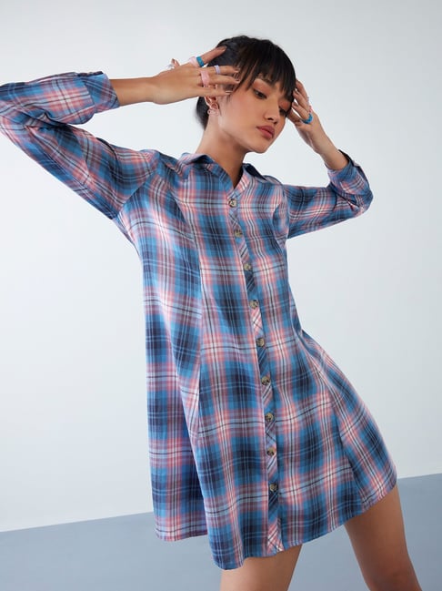 Buy Nuon by Westside Blue Checkered Shirtdress Online at best price at TataCLiQ