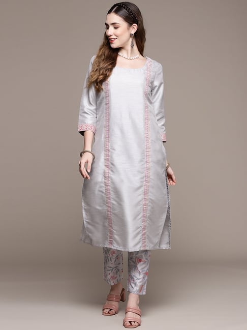 Ziyaa Grey Printed Kurta Pant Set